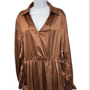 Shein Curve Ladies 3xl Brown Metallic Long Sleeve Polyester elastic waist Dress